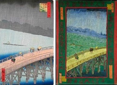 Left: Evening Shower at Atake and the Great Bridge by HiroshigeRight:The Bridge in the Rain (after Hiroshige) by van Gogh