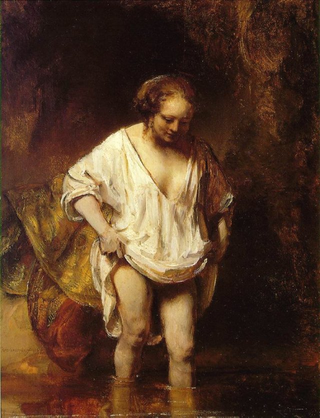Woman bathing in Stream  by Rembrandt (1654)