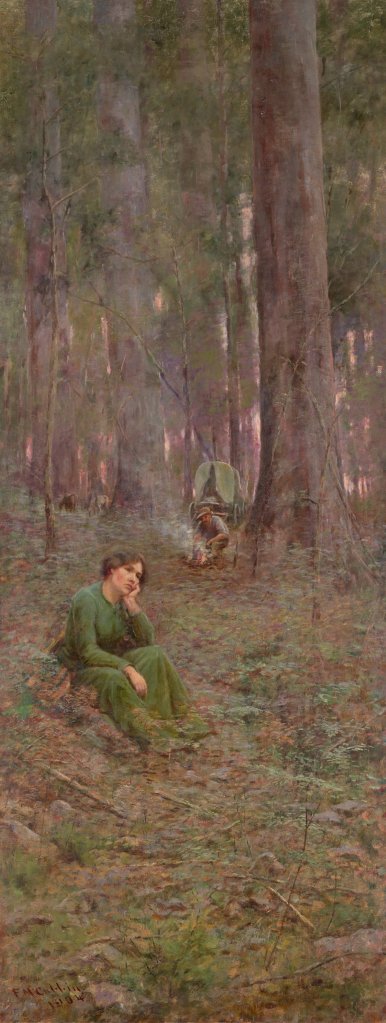 Left-hand panel of The Pioneer by McCubbin
