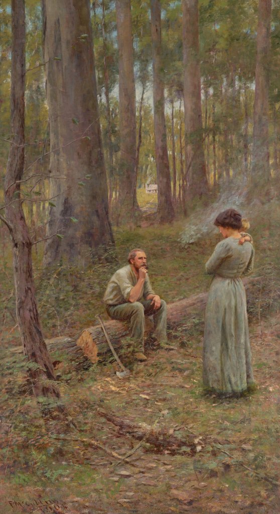 Middle panel of The Pioneer by McCubbin