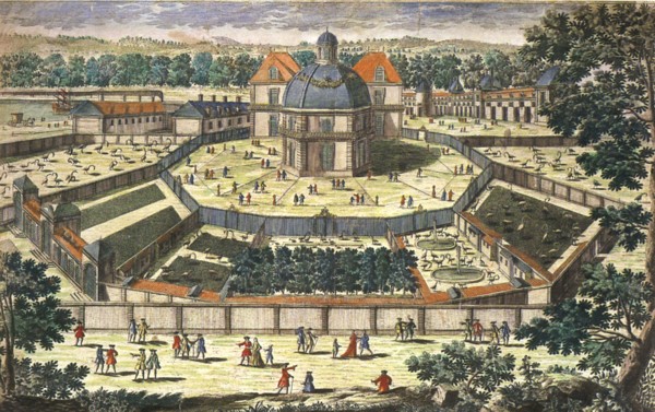 Backyard of the royal menagerie of Versailles during the reign of Louis XIV by Pierre Alexandre Aveline