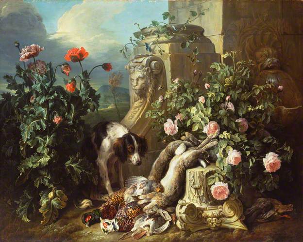 Dog with Flowers and Dead Game by Alexandre-François Desportes (1715) 