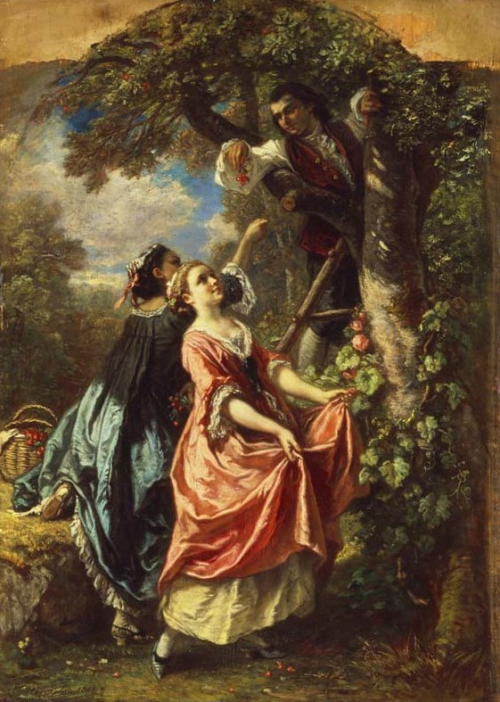 Rousseau and Mlle. Galley gathering Cherries by Rocqueplan (1851)