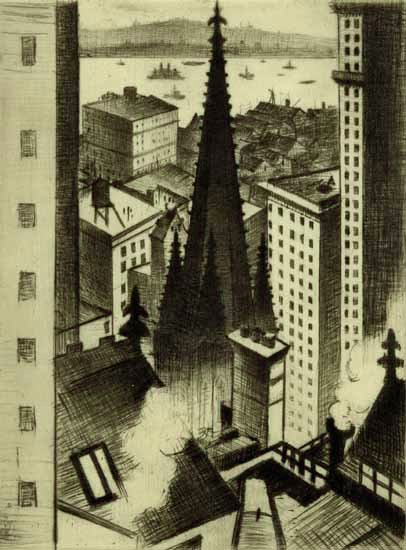 Temples of New York by C R W Nevinson (1919) Drypoint. Trinity Church facade from the back, which faces Wall Street