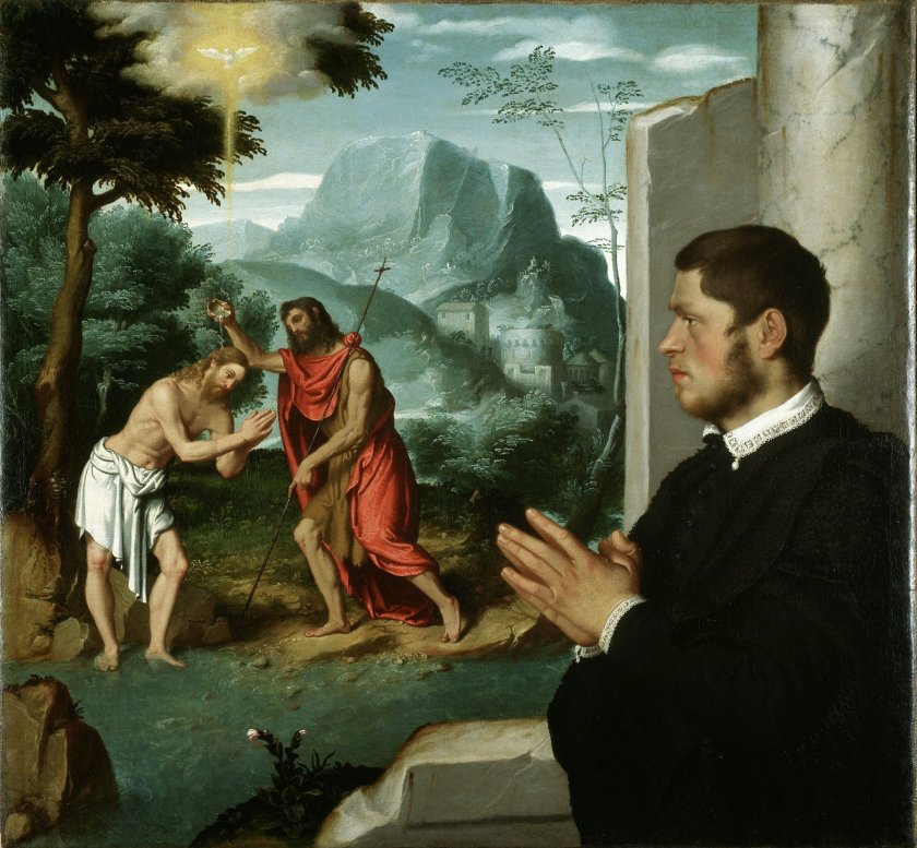 A Gentleman in Adoration before the Baptism of Christ by Giovanni Battista Moroni (c.1555)