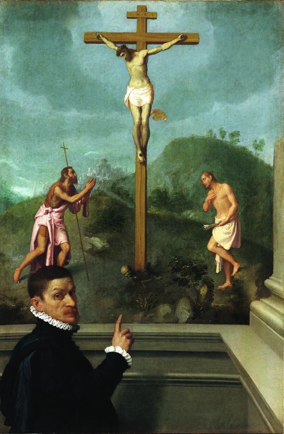A Man in Contemplation Before the Crucifixion with St John the Baptist and St. Sebastian by Giovanni Battista Moroni (c.1575)