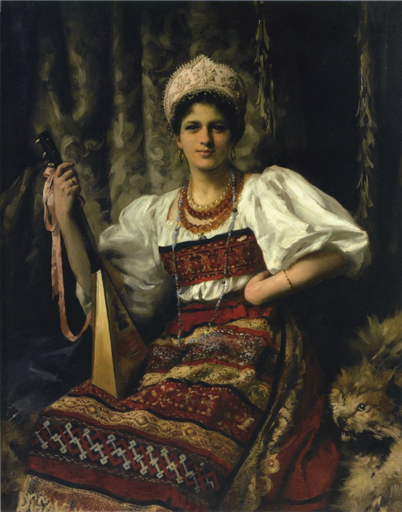 Portrait of the Artist's Daughter Anne in Russian Costume Holding a Balilaika by Thomas Kennington