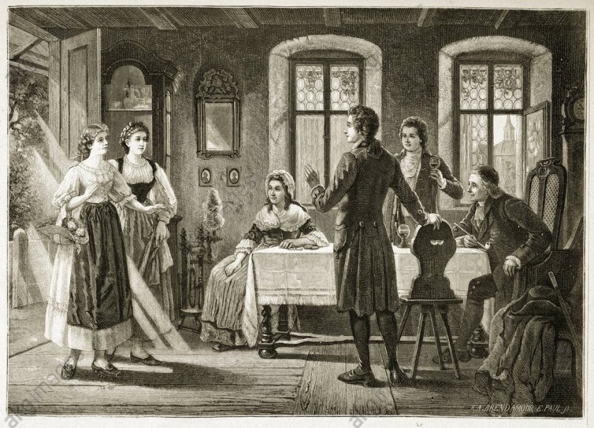 The first meeting between Johann Wolfgang Goethe and Friederike Brion in Sesenheim by August Borckmann (1875)