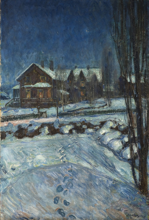 Thorolf Holmboe (Norwegian, 1866-1935), Landscape in Moonlight with a House, by Thorolf Holmboe (1914) Oil on canvas, (120 x 80 cms).