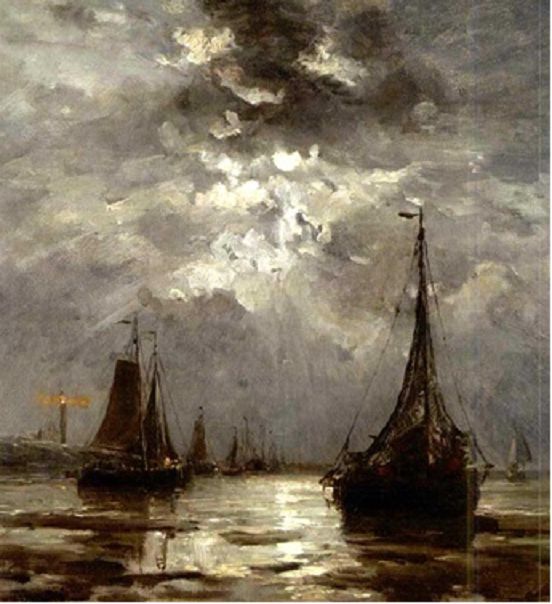 Beached Bomschuiten by Moonlight by Hendrik Mesdag