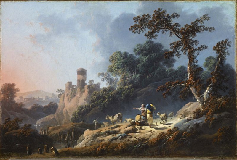 Landscape with Travelers and a Ruin by Jean-Baptiste Pillement 