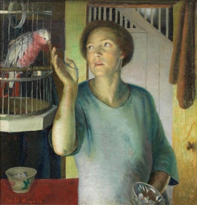 Gertrude Harvey with Parrot in the Artist's Home by Harold Harvey
